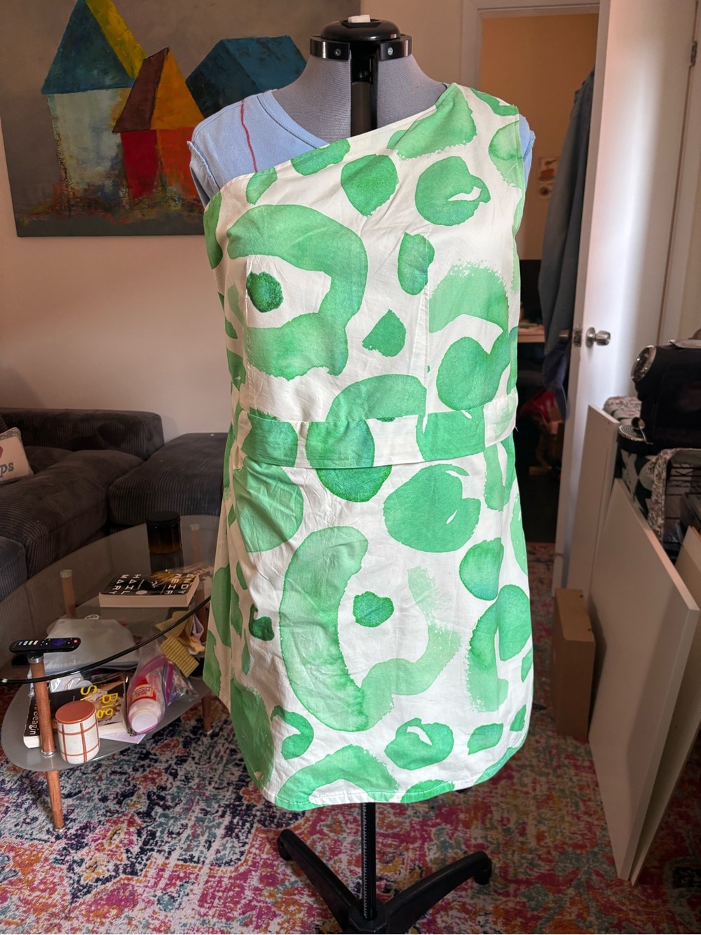 Women’s Green Abstract Print One-Shoulder Dress